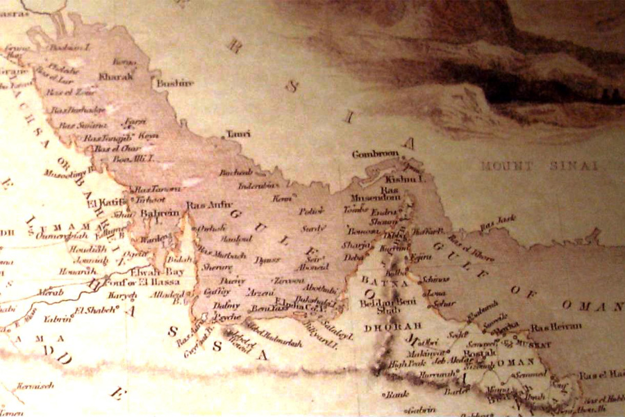 A historical map of the Persian Gulf in a Dubai museum with the word Persian removed. A historical map of the Persian Gulf in a Dubai museum with the word Persian removed.